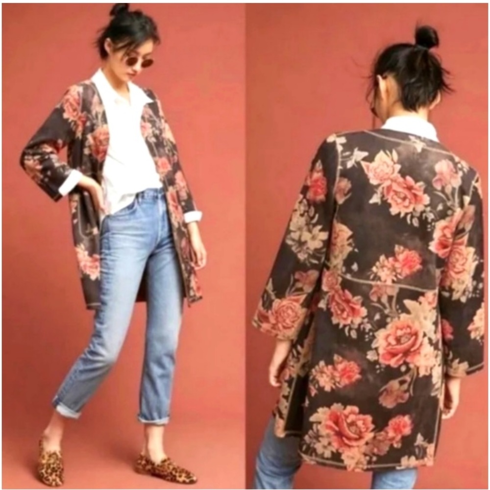 Anthropologie Solitaire Suede Floral Open Front Jacket size Medium